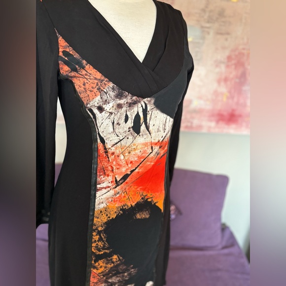 Simon Chang Black, Orange, White Long Sleeve Abstract Dress - Picture 5 of 7